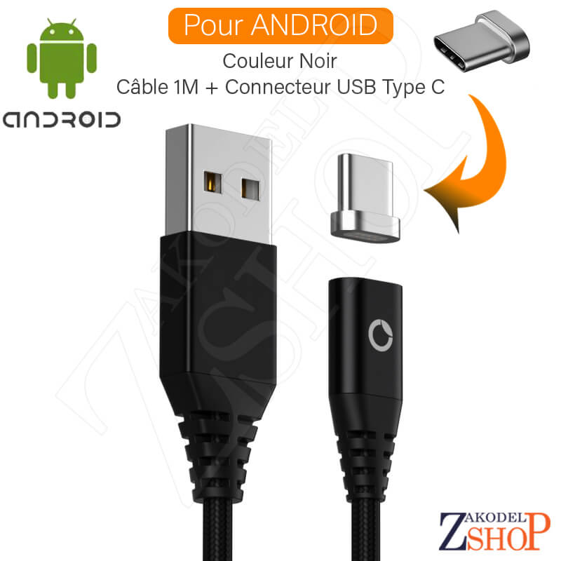 Câble couleur Noir 1 mètre + connecteur USB Type C pour Android